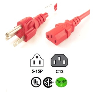 Picture of Red 5-15P to C13 Power Cords Rated 10A,125V 18/3 AWG