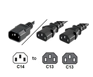 3 Foot Two Way Splitter Cable - C14 Plug to 2x C13 Connectors - 14/3, 15A, 250V