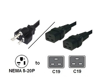 8 Foot Two Way Splitter Cable - 5-20P Plug to 2x C19 Connectors - 12/3, 20A, 125V