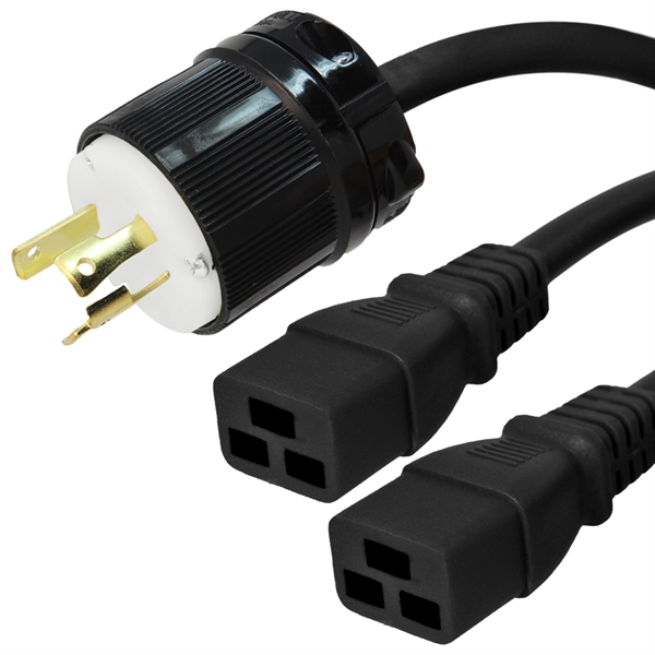3 Foot Two Way Splitter Cable - L6-15P Plug to 2x C19 Connectors - 14/3, 15A, 250V