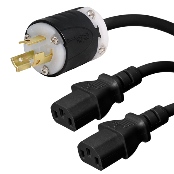 1 Foot Two Way Splitter Cable - L6-15P Plug to 2x C13 Connectors - 14/3, 15A, 250V