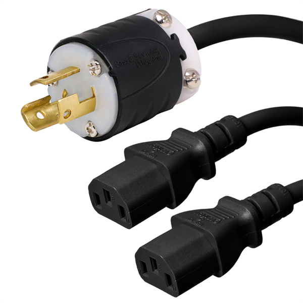 3 Foot Two Way Splitter Cable - L5-15P Plug to 2x C13 Connectors - 14/3, 15A, 125V