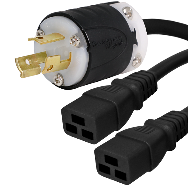 10 Foot Two Way Splitter Cable - L6-15P Plug to 2x C19 Connectors - 14/3, 15A, 250V
