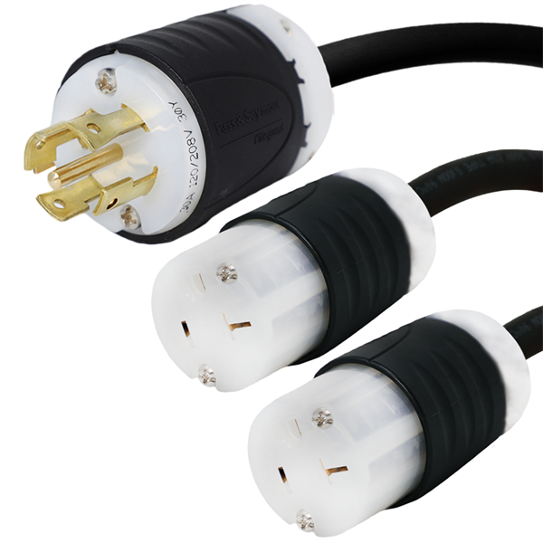 10 Foot Two Way Splitter - L21-30P Plug to 2x 5-20R Connectors - 12/3, 20A, 250V