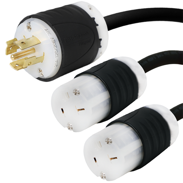 10 Foot Two Way Splitter - L21-20P Plug to 2x 5-20R Connectors - 12/3, 20A, 250V