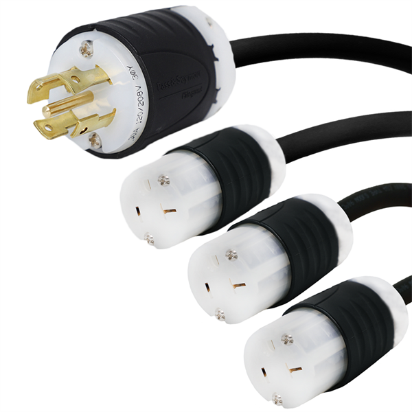 10 Foot Three Way Splitter - L21-30P Plug to 3x 5-20R Connectors - 12/3, 20A, 250V