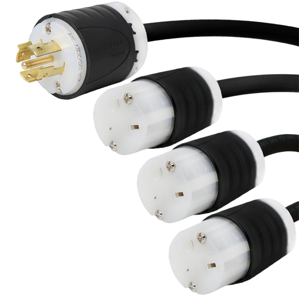 10 Foot Three Way Splitter - L21-20P Plug to 3x 6-20R Connectors - 12/3, 20A, 250V