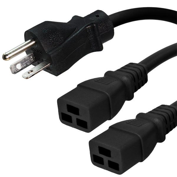 4 Foot Two Way Splitter Cable - 6-20P Plug to 2x C19 Connectors - 12/3, 20A, 250V