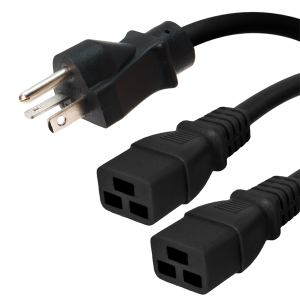 4 Foot Two Way Splitter Cable - 5-20P Plug to 2x C19 Connectors - 12/3, 20A, 125V