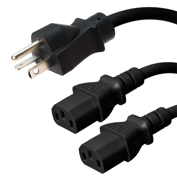 5 Foot Two Way Splitter Cable - 5-20P Plug to 2x C13 Connectors - 14/3, 15A, 125V