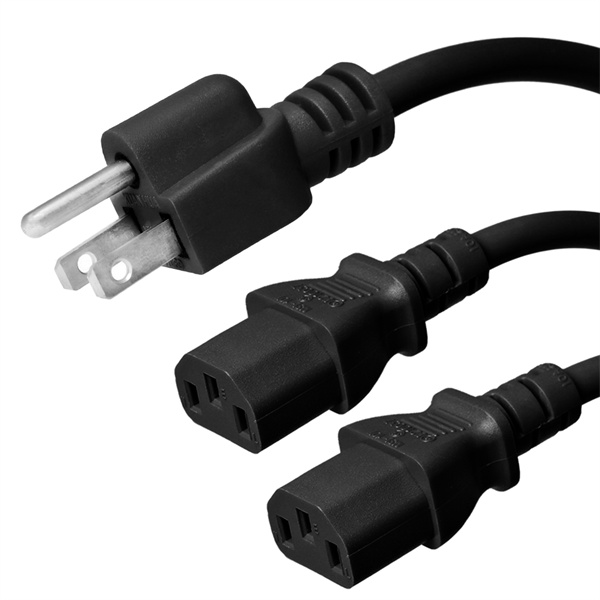 8 Foot Two Way Splitter Cable - 5-15P Plug to 2x C13 Connectors - 14/3, 15A, 125V