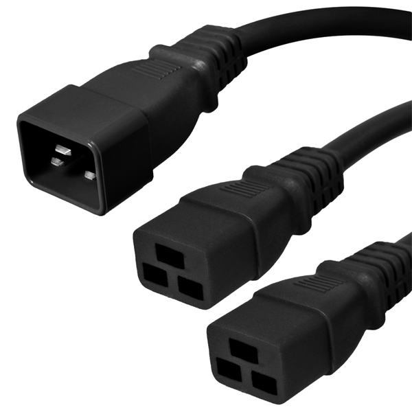 15 Foot Two Way Splitter Cable - C20 Plug to 2x C19 Connectors - 12/3, 20A, 250V
