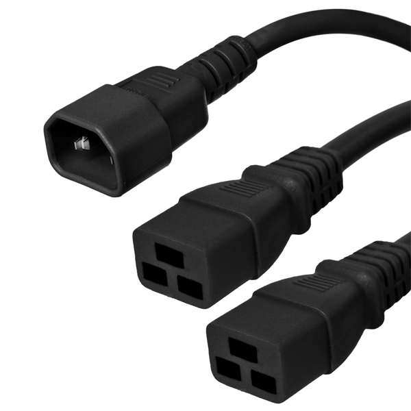 4 Foot Two Way Splitter Cable - C14 Plug to 2x C19 Connectors - 14/3, 15A, 250V